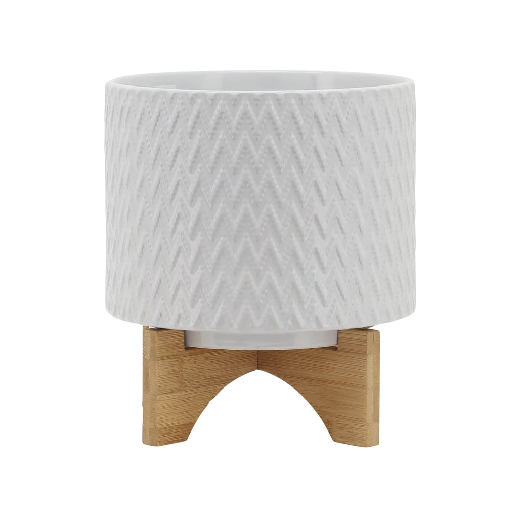 White Ceramic Chevron Planter With Stand G495110