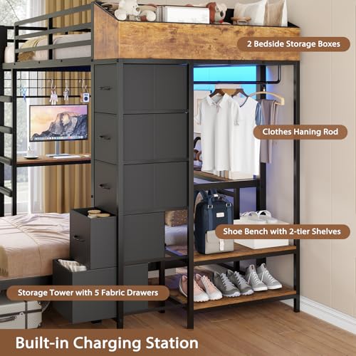 Twin Over Twin L-Shaped Bunk Bed with Desk, 5 Storage Drawers, Guardrail & Stairs, Black D382952