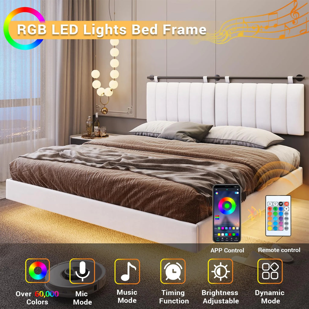 Queen Floating Bed Frame with LED Lights and Wall Mounted Headboard Y6950
