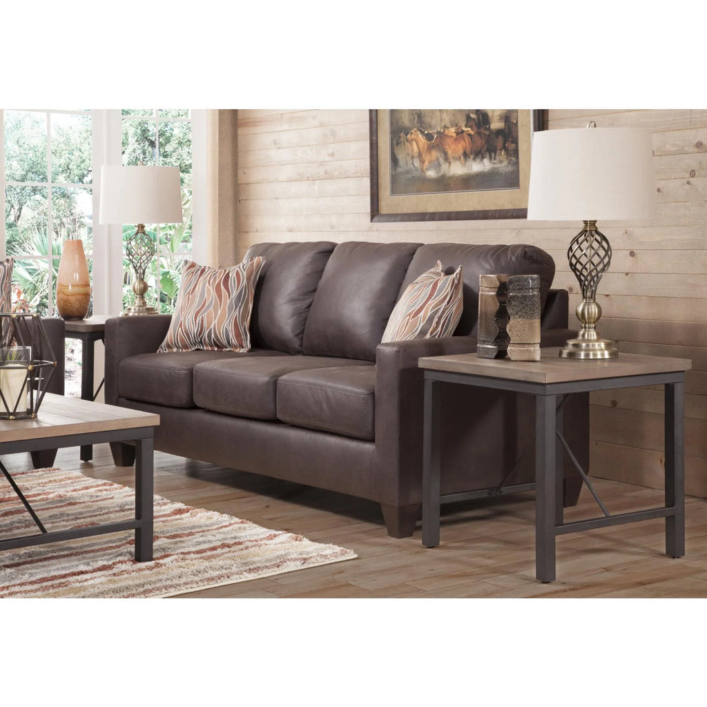 Pinto Brown Faux Leather Square Arm Sofa with Two Accent Pillows S22343