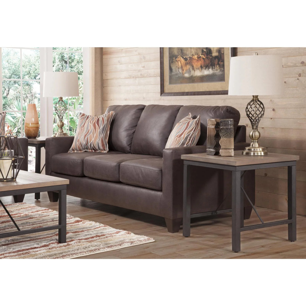 Pinto Brown Faux Leather Square Arm Sofa with Two Accent Pillows S22343