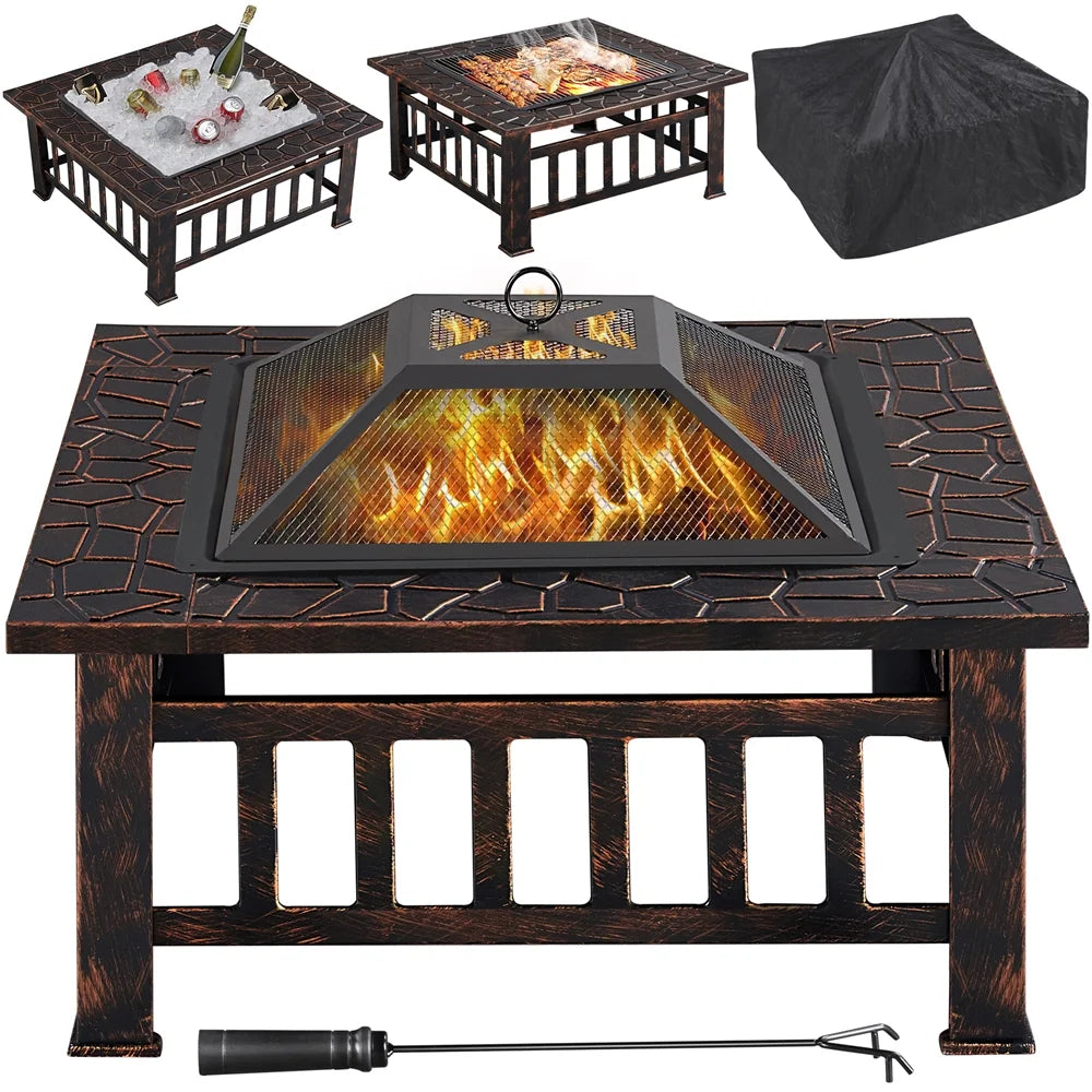 32'' Black Metal Square Fire Pit with Cover U2898