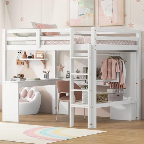 Full Size White Pine Wood Loft Bed with L Shaped Desk and Wardrobe P659174