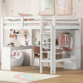 Full Size White Pine Wood Loft Bed with L Shaped Desk and Wardrobe P659174