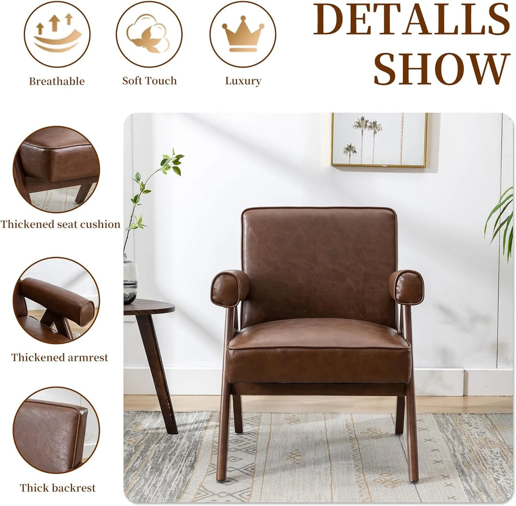 Brown PU Leather Accent Chair with Wood Armrest Z78192
