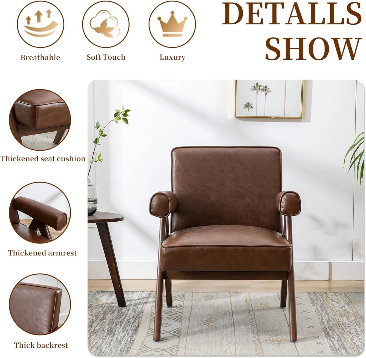 Brown PU Leather Accent Chair with Wood Armrest Z78192