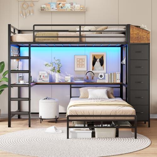 Twin Over Twin L-Shaped Bunk Bed with Desk, 5 Storage Drawers, Guardrail & Stairs, Black D382952