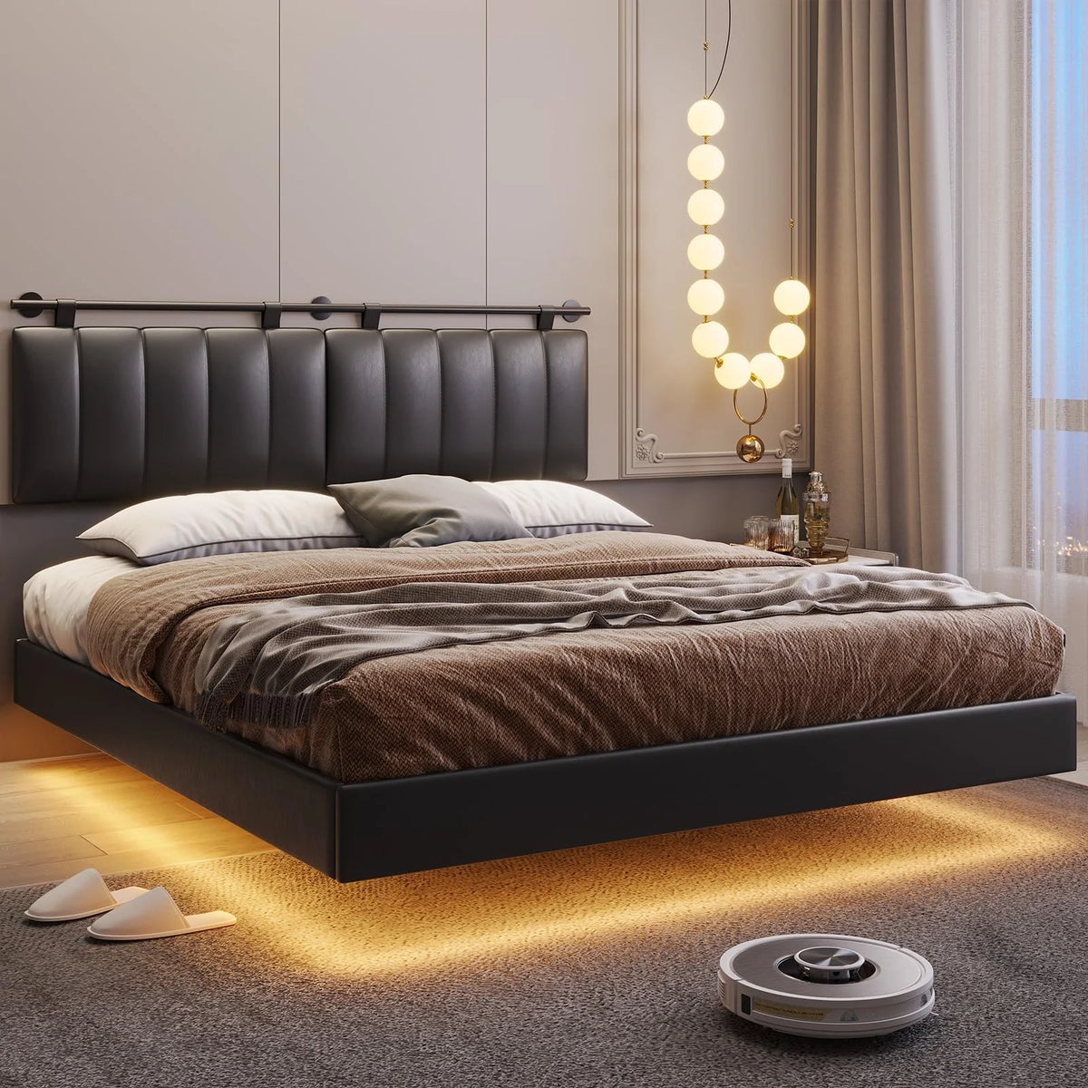Queen Floating Bed Frame with LED Lights and Wall Mounted Headboard Y6950