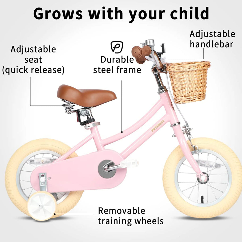 14 Inch Child Bicycle with Basket, Bell, and Training Wheels, Pink N34660