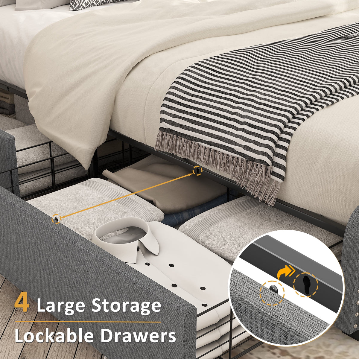 Queen Size Platform Bed Frame with 4 Storage Drawers and Upholstered Headboard D53900