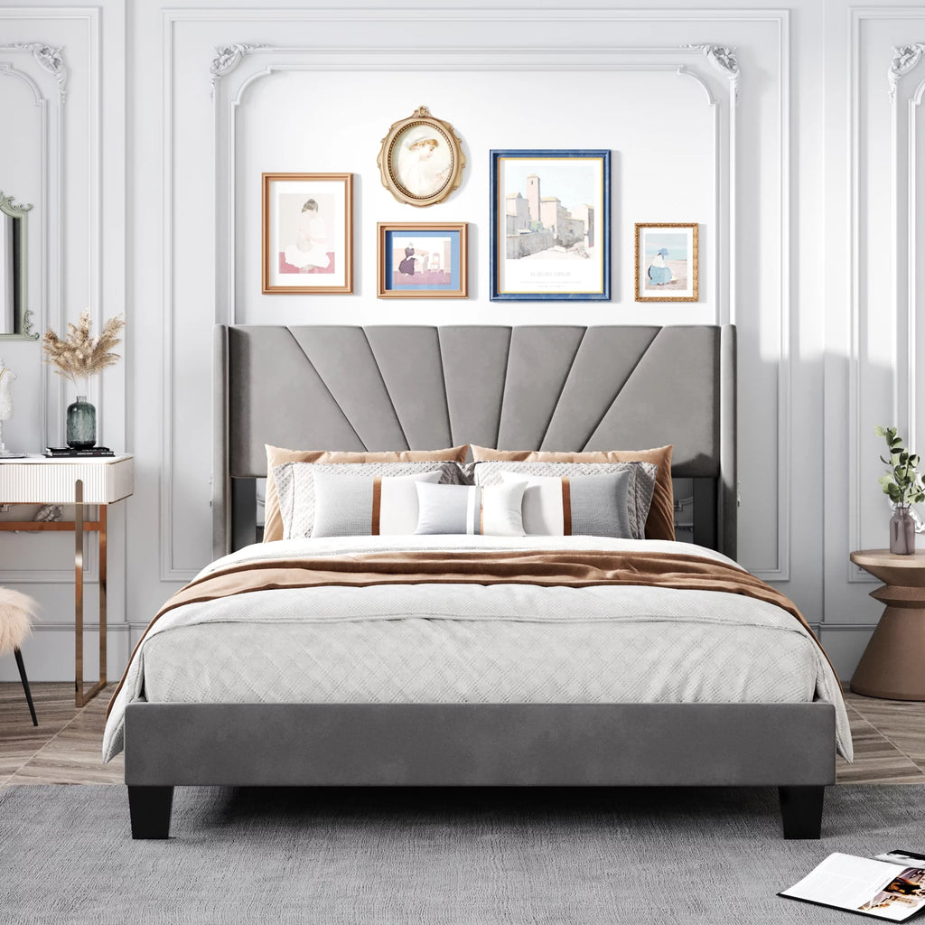 Queen Velvet Upholstered Platform Bed Frame with Headboard T1754
