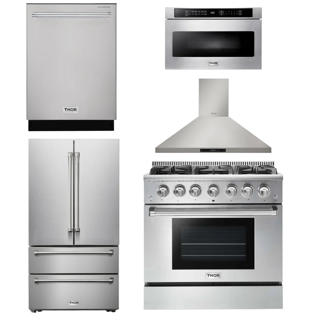 36 Propane Gas Range, Range Hood, Microwave, Refrigerator, Dishwasher K496