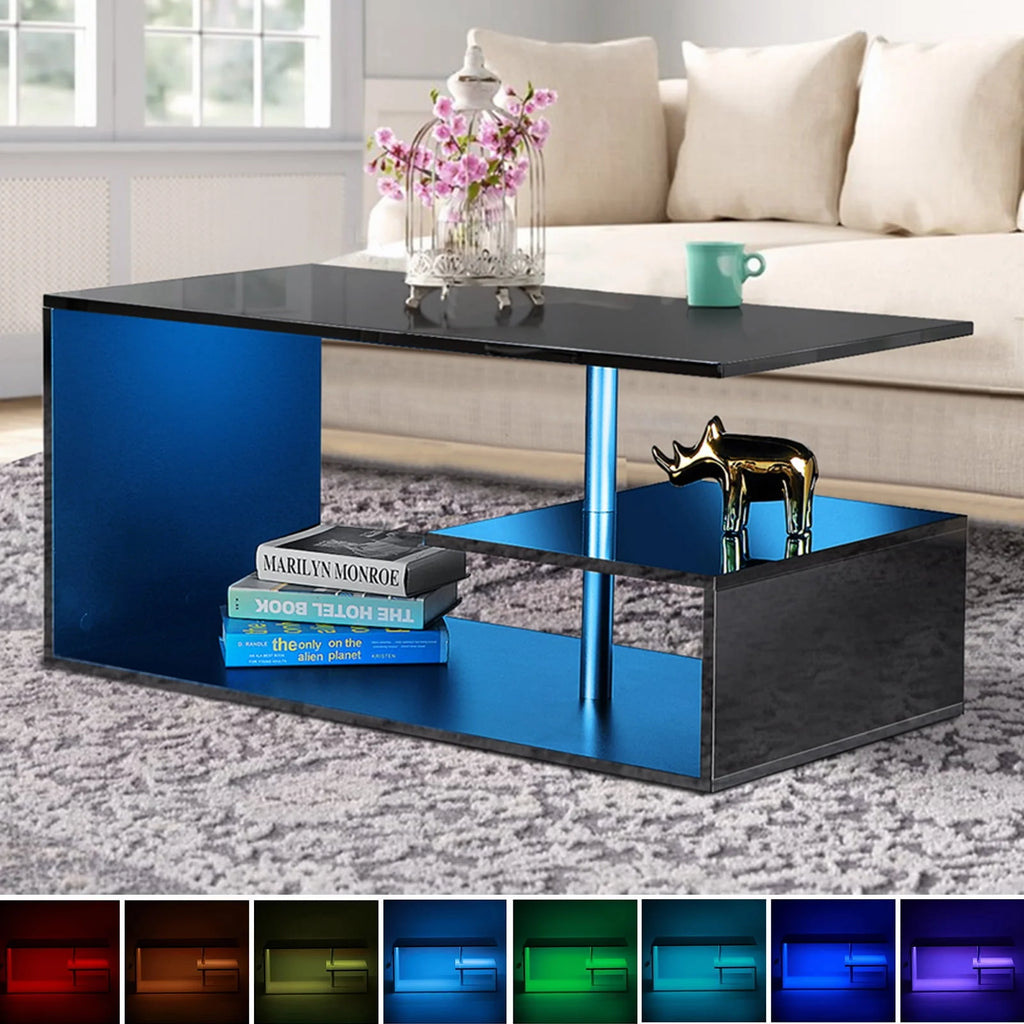 High Gloss Coffee Table with Open Shelf LED Lights White S Shaped Y2252