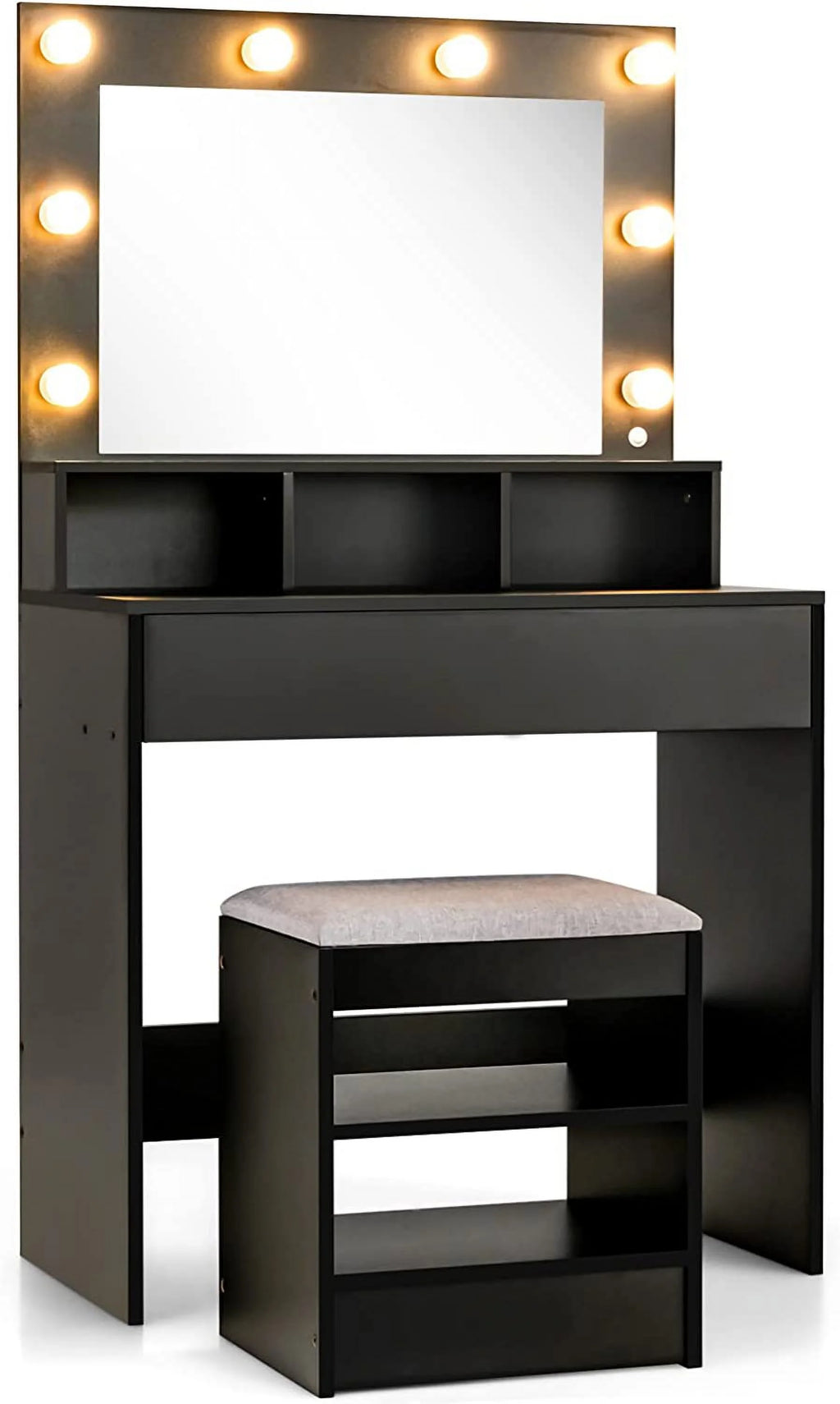 Black Vanity Table Set with Lighted Mirror, 8 Bulbs, Drawer and Cushioned Stool J311