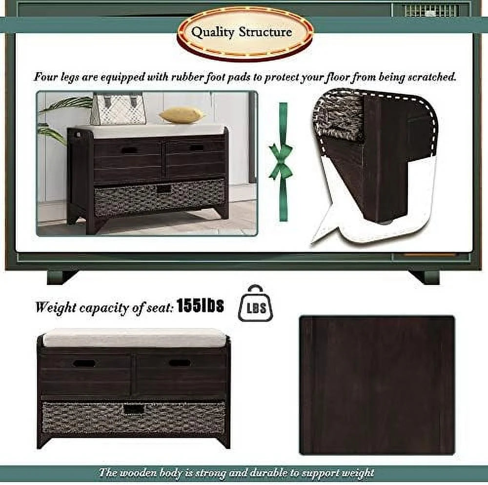 Black 3 Drawer 3 Basket Wooden Ottoman Bench O43612