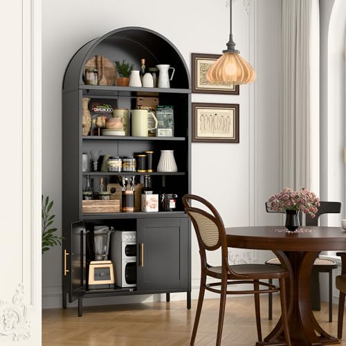 73 in Tall Black 5-Tier Metal Arched Bookcase with Doors A2238