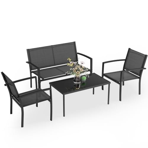 4 Pieces Patio Furniture Set with Glass Coffee Table, Black N521