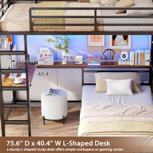Twin Over Twin L-Shaped Bunk Bed with Desk, 5 Storage Drawers, Guardrail & Stairs, Black D382952