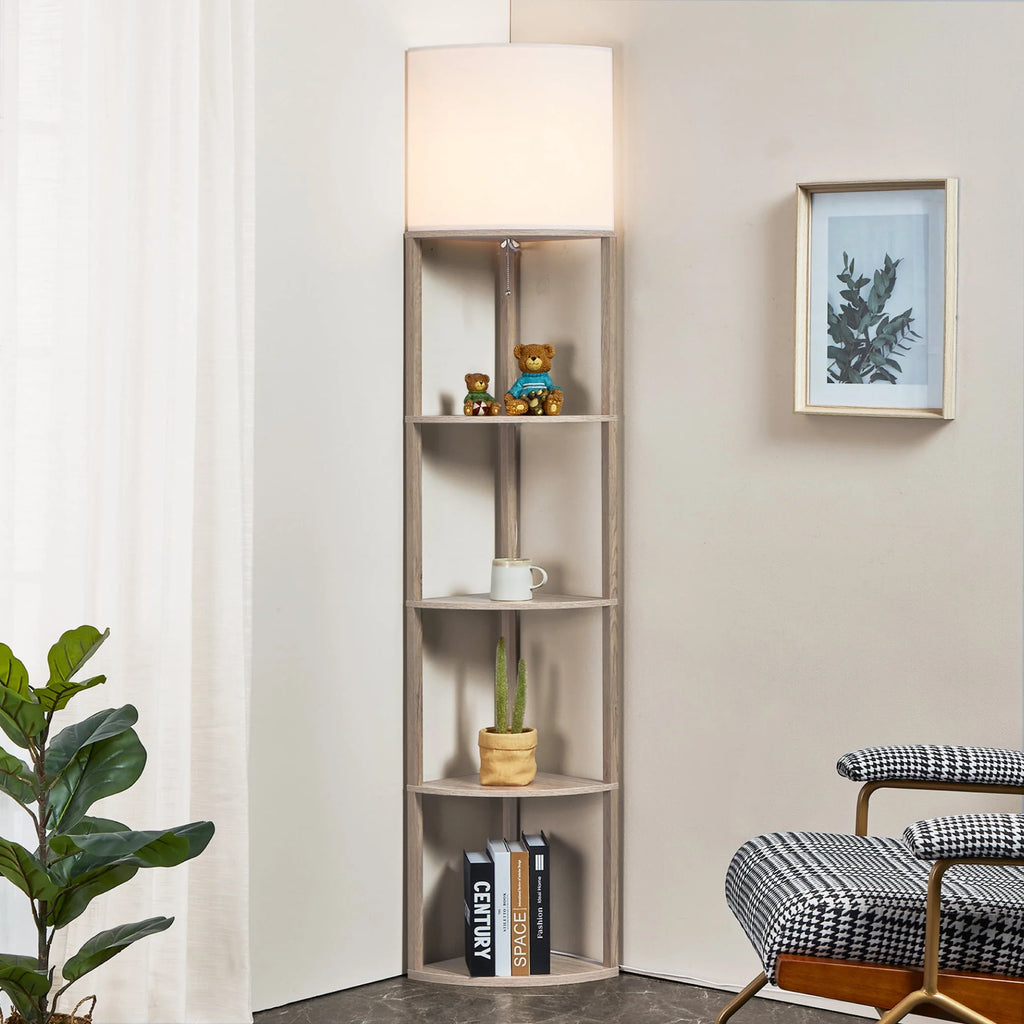 Tall Modern Corner Floor Lamp with Shelves, Natural Wood, 72 P762519