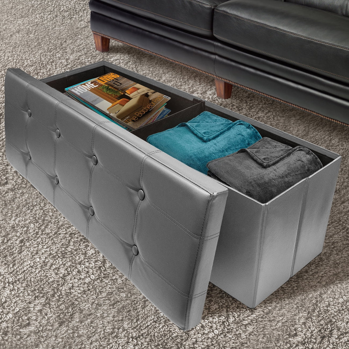 Faux Leather Folding Storage Ottoman Bench V8024
