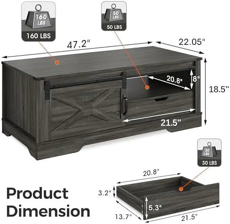Dark Grey 48'' Rustic Coffee Table with Sliding Barn Door S7289