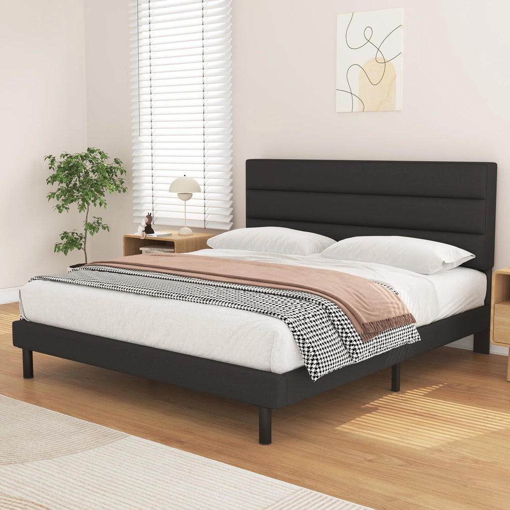 King Size Wingback Fabric Upholstered Platform Bed Frame F536418