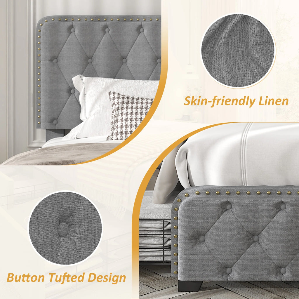 Queen Size Platform Bed Frame with 4 Storage Drawers and Upholstered Headboard D53900