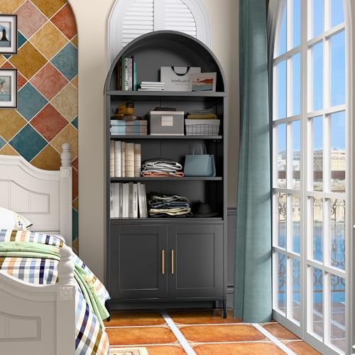 73 in Tall Black 5-Tier Metal Arched Bookcase with Doors A2238
