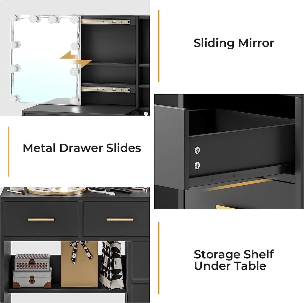 Black Vanity Table with Sliding Mirror and LED Lights J56592