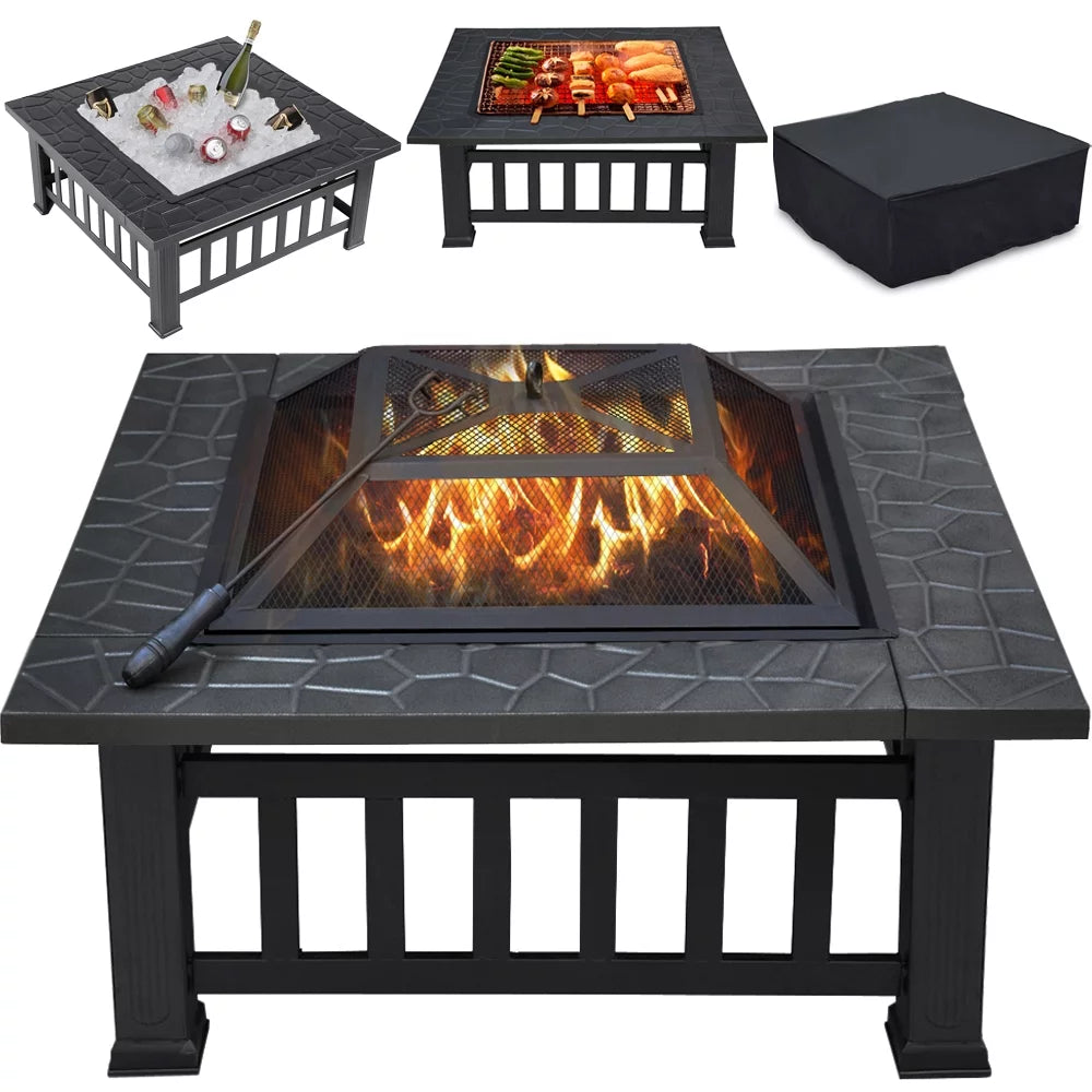 32'' Black Metal Square Fire Pit with Cover U2898