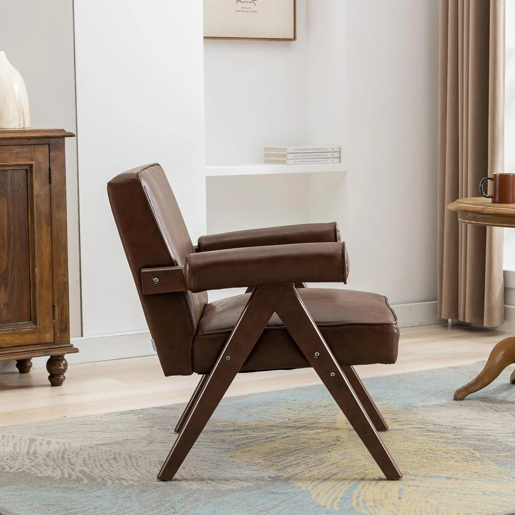 Brown PU Leather Accent Chair with Wood Armrest Z78192