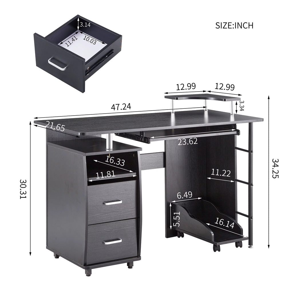 Black Single Solid Wood Computer Desk with Storage Shelves and File Cabinet B8476