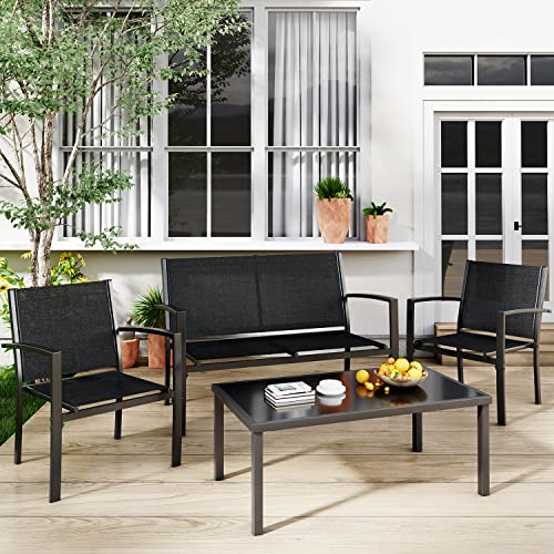 4 Pieces Patio Furniture Set with Glass Coffee Table, Black N521