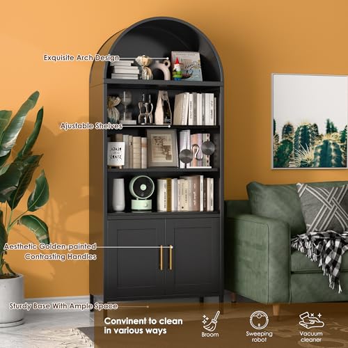 73 in Tall Black 5-Tier Metal Arched Bookcase with Doors A2238