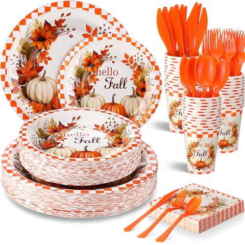350 Pcs Fall Paper Plates Napkins Cups Disposable Tableware Set M66209