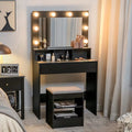 Black Vanity Table Set with Lighted Mirror, 8 Bulbs, Drawer and Cushioned Stool J311