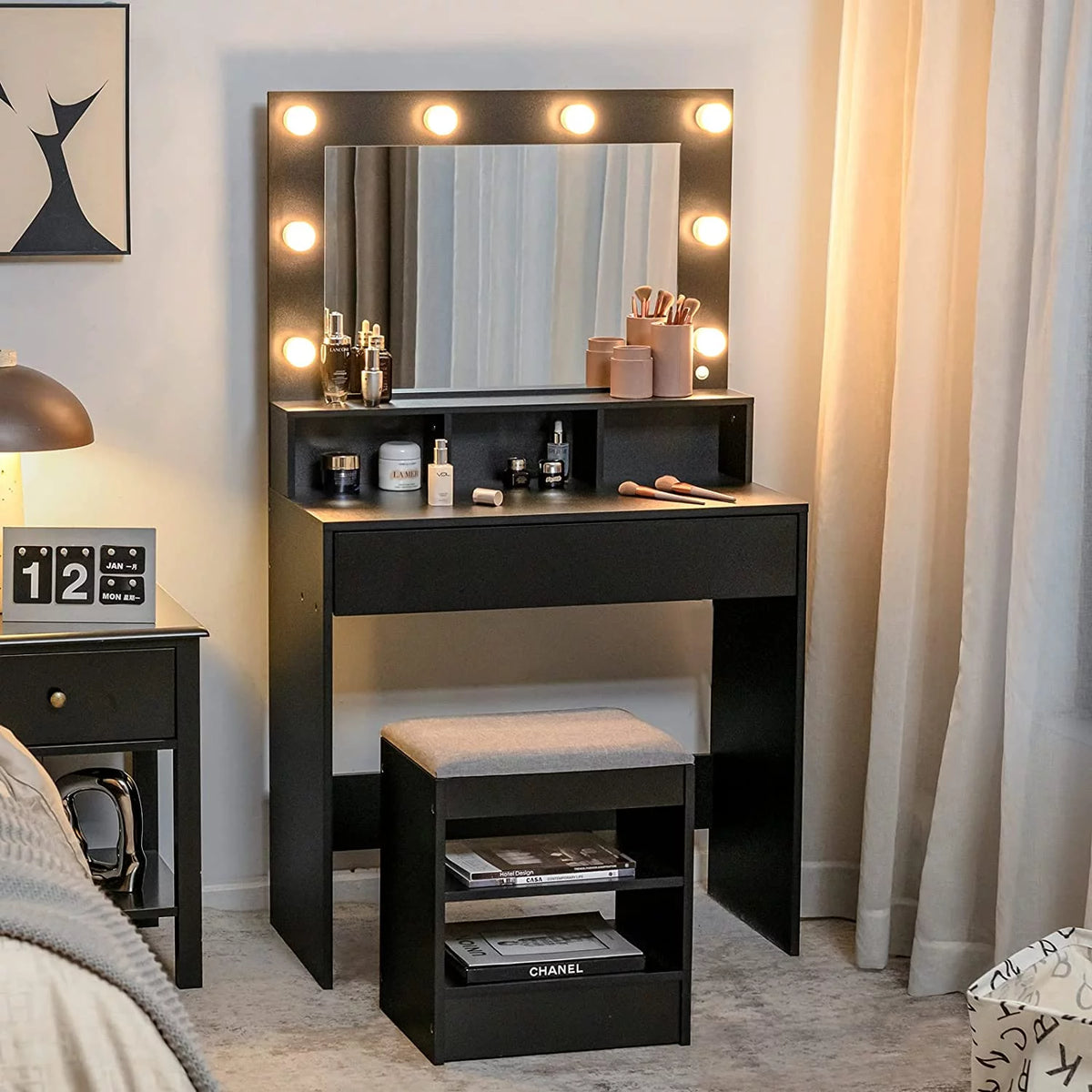 Black Vanity Table Set with Lighted Mirror, 8 Bulbs, Drawer and Cushioned Stool J311