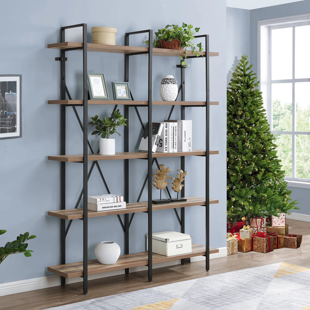 Industrial 5-Shelf Double Wide Metal Bookshelf D10593
