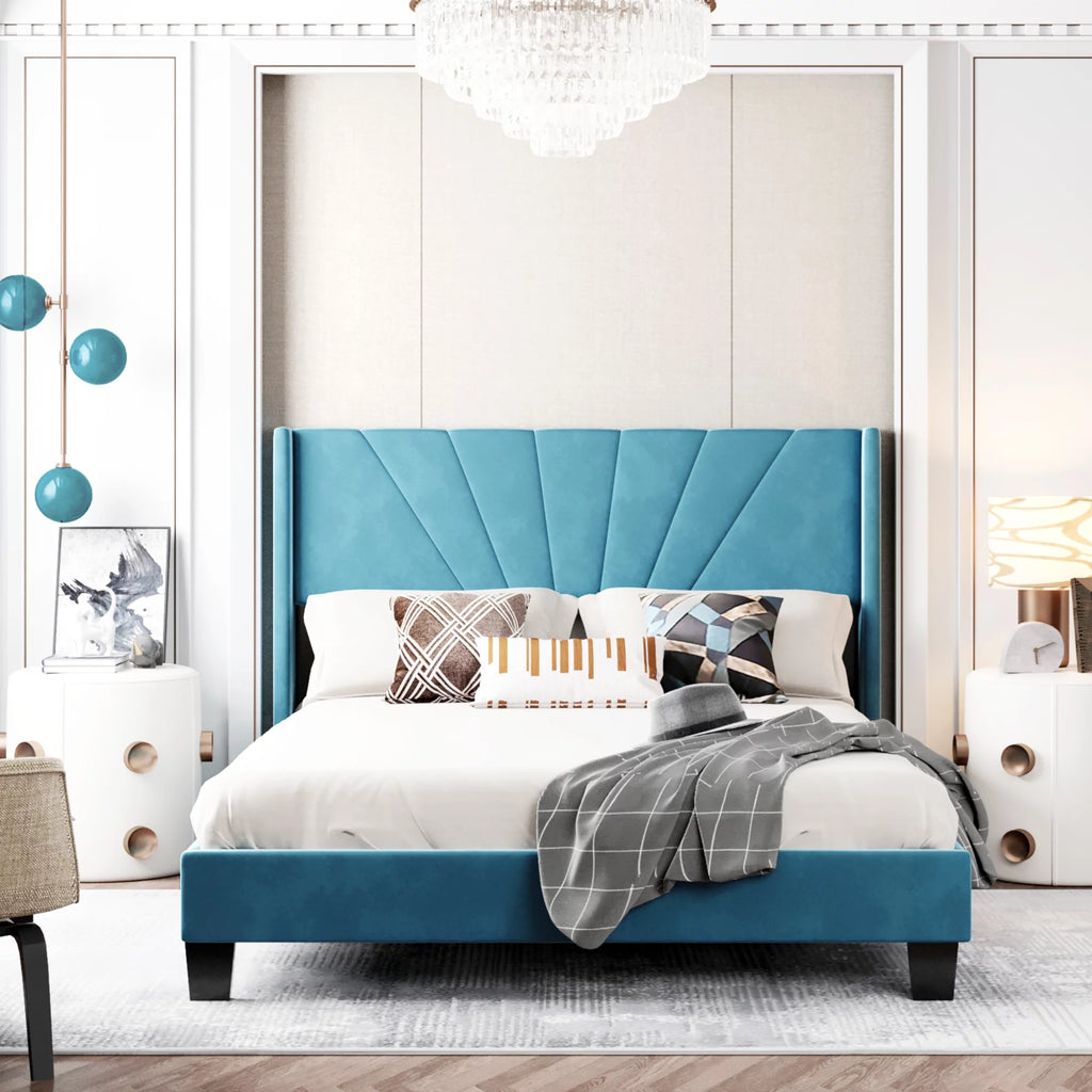 Queen Velvet Upholstered Platform Bed Frame with Headboard T1754
