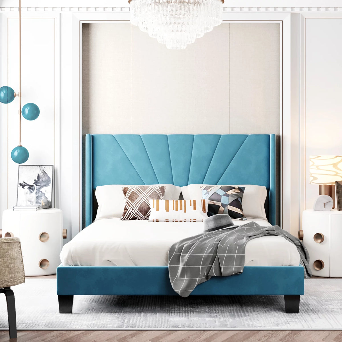 Queen Velvet Upholstered Platform Bed Frame with Headboard T1754