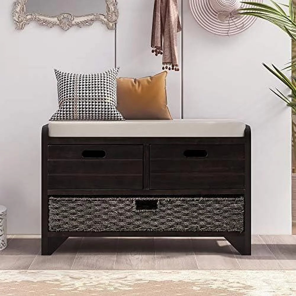 Black 3 Drawer 3 Basket Wooden Ottoman Bench O43612