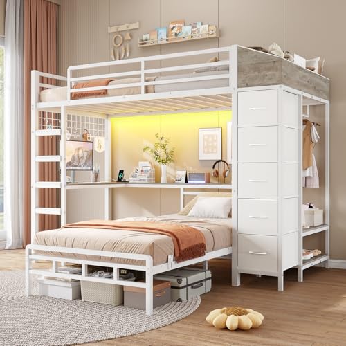 Twin Over Twin L-Shaped Bunk Bed with Desk, 5 Storage Drawers, Guardrail & Stairs, Black D382952