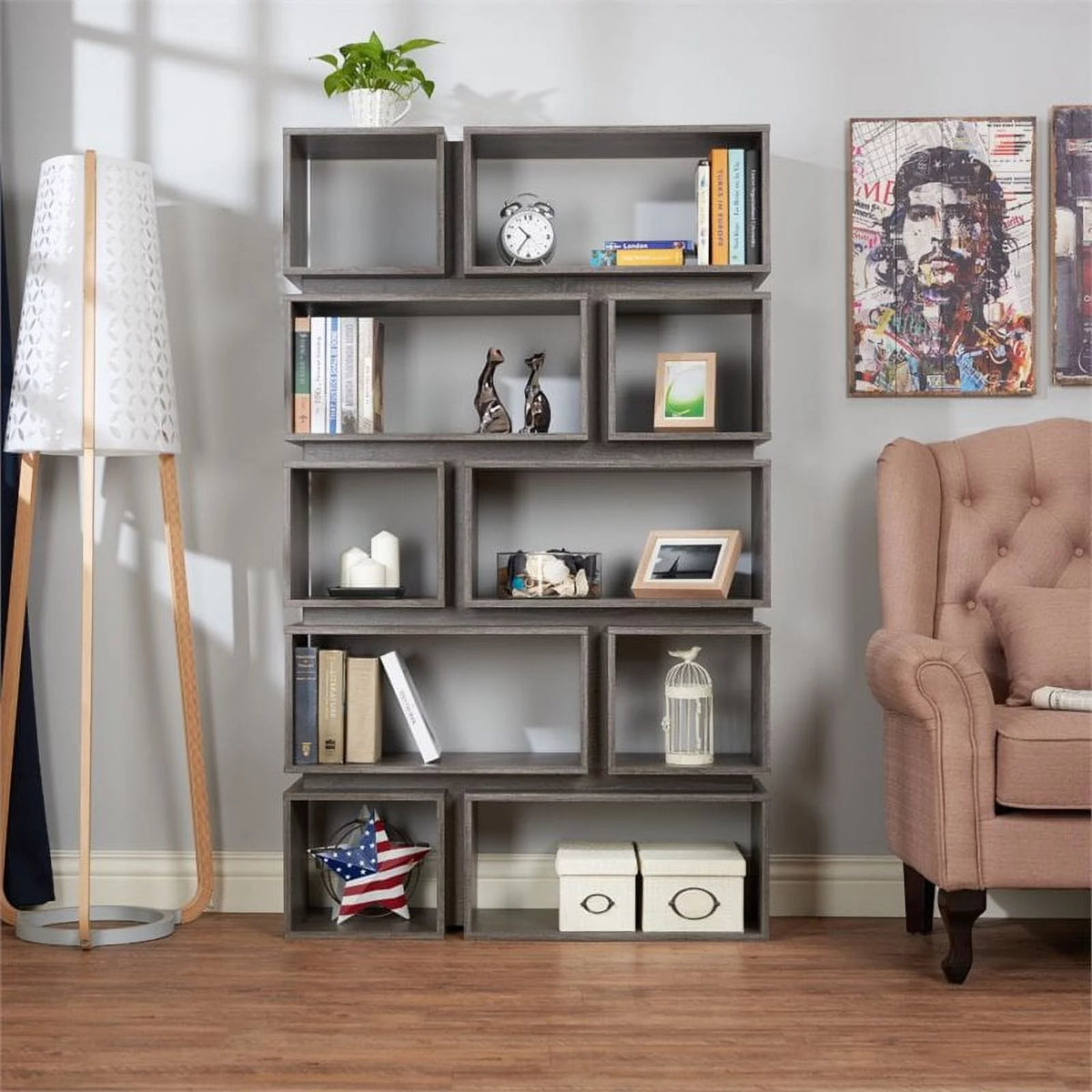 Distressed Gray Wood Geometric Bookcase H456343