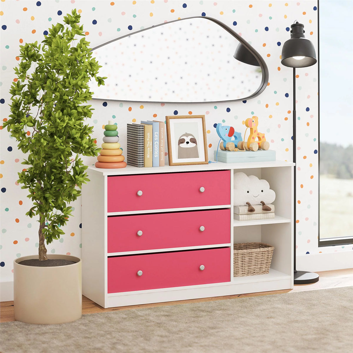 White Wide Dresser with 3 Fabric Bins U154836