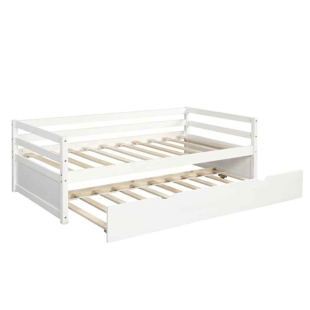 White Twin Wood Daybed with Trundle and Guardrails H1159