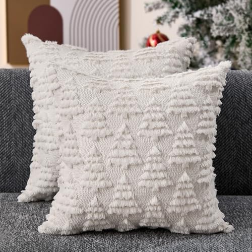 Dark Green Christmas Tree Pillow Covers 18 x 18 Set of 2 Plush Faux Fur C579