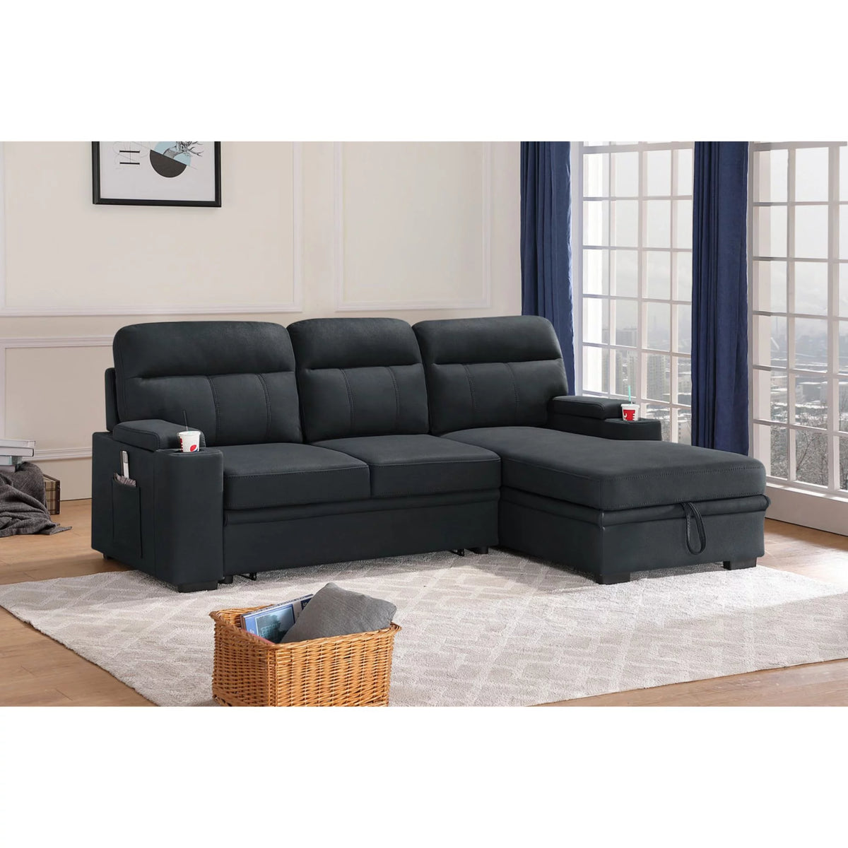 Black Fabric Sleeper Sectional Sofa with Storage F2785