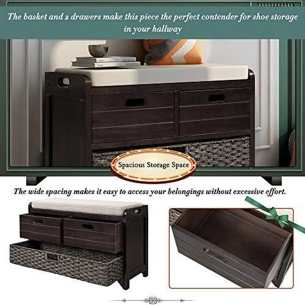 Black 3 Drawer 3 Basket Wooden Ottoman Bench O43612