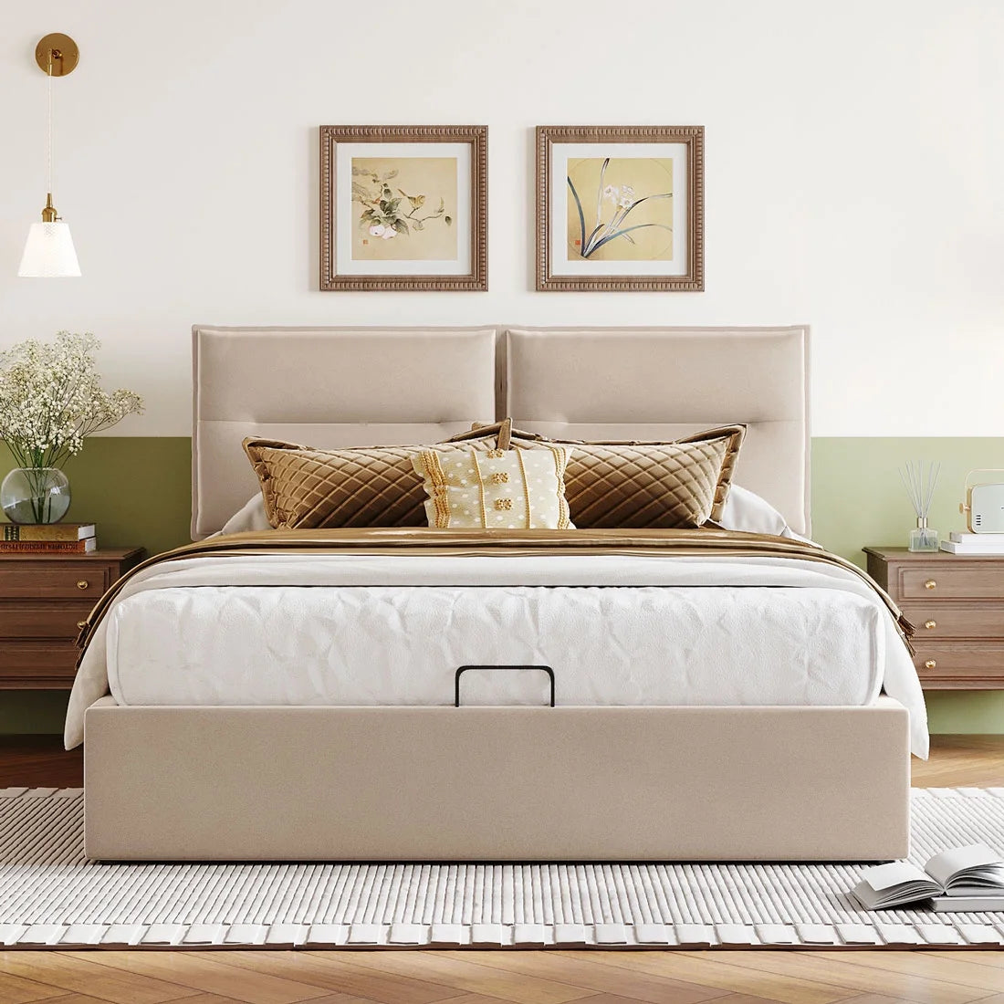 Beige Queen Size Upholstered Platform Bed with Hydraulic Storage Y213