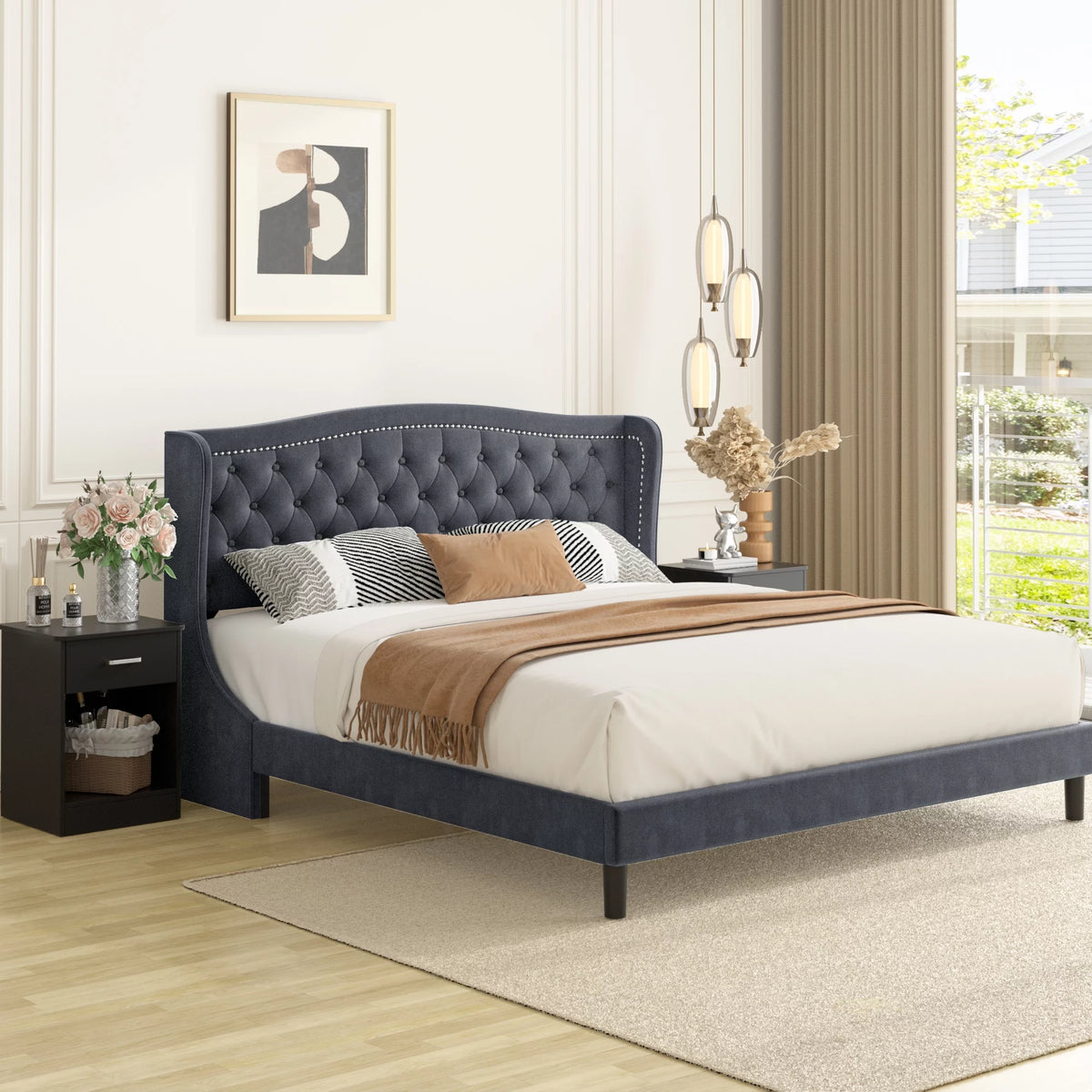 King Bed Frame with Wing-Back Button Tufted Upholstered Headboard V61355
